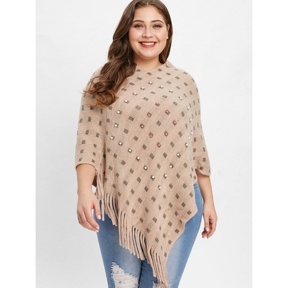 ☀ Tan Plus Size Beaded Tassel Hem Poncho Top ☀ - Picture 2 of 8